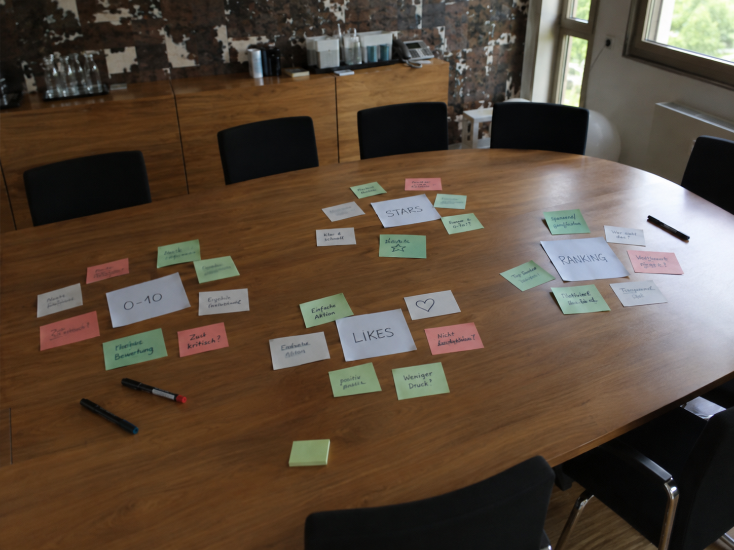 Workshop table with sticky notes exploring rating mechanics: stars, ranking and likes