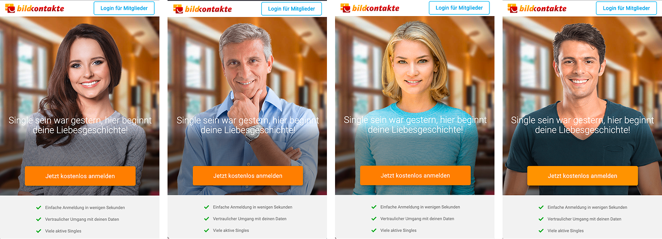 Four Bildkontakte landing-page variants with different hero images used for A/B testing