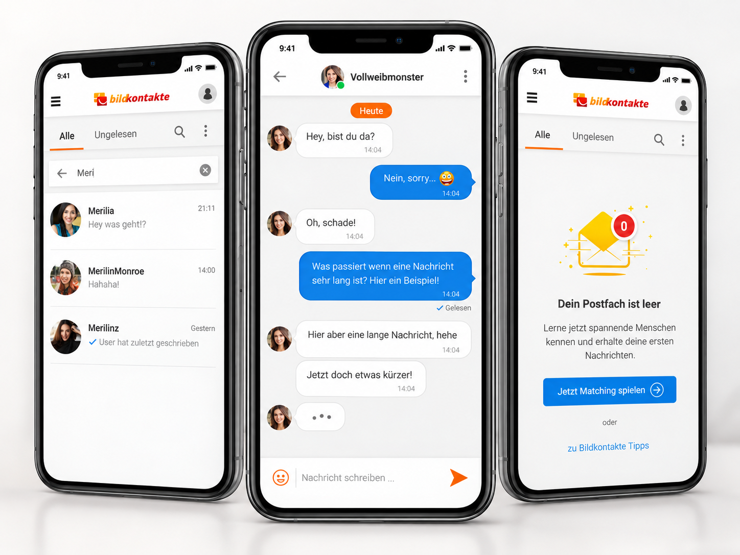 Three Bildkontakte mobile screens showing the message inbox, a private conversation and an empty inbox state