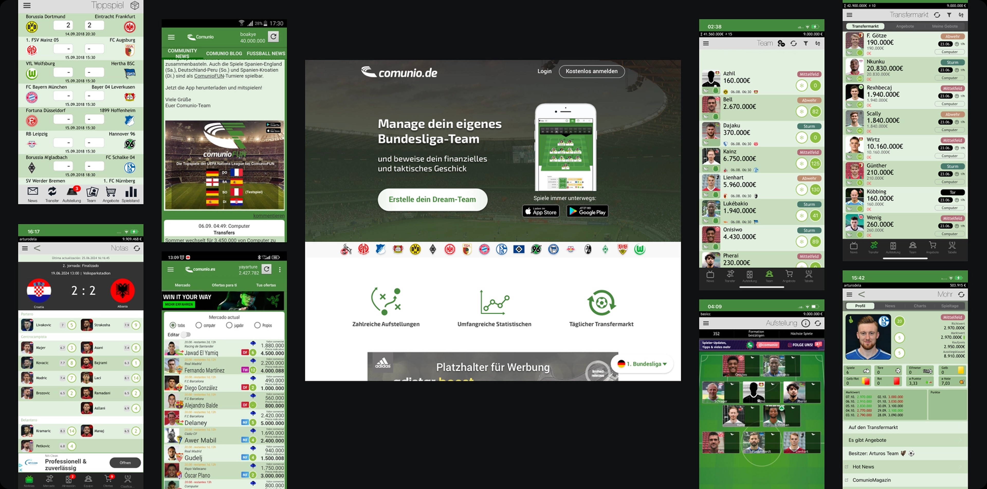 Comunio old interface - various screens showing inconsistent design