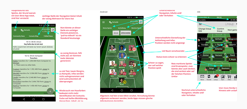 Annotated UX audit of the old Comunio Android and iOS screens