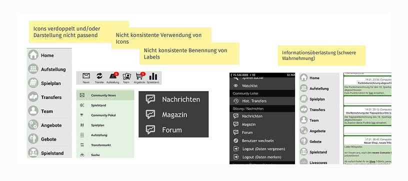 Audit highlighting inconsistent icons and labels in the old navigation