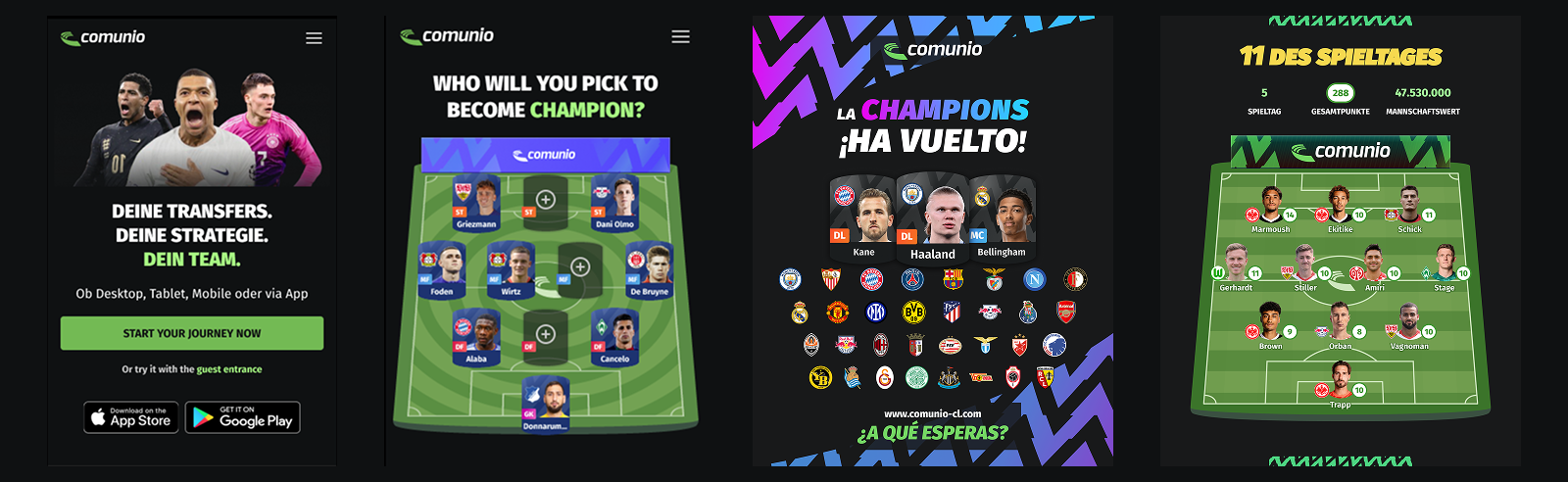 Comunio's refreshed visual identity across marketing and social media