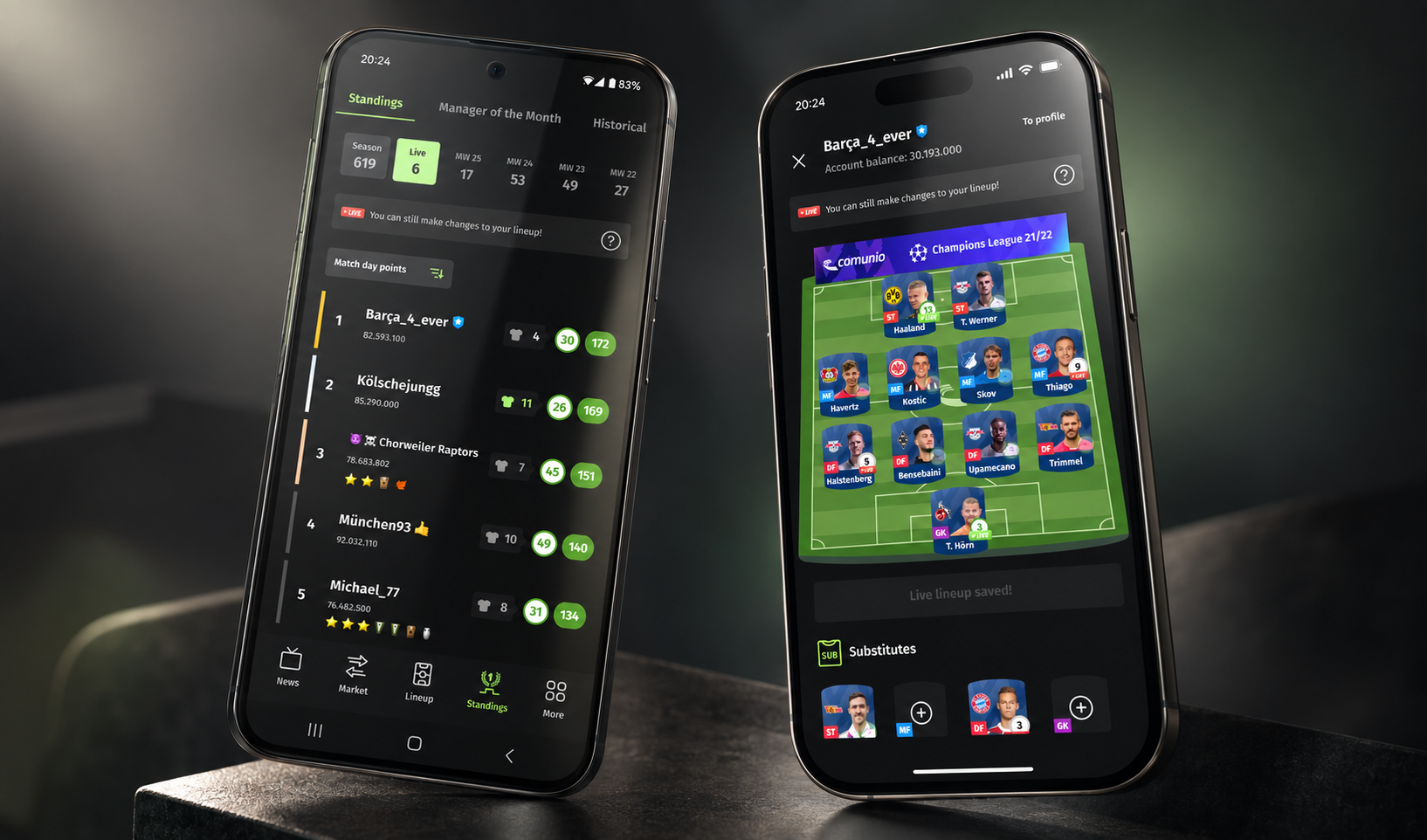Two phones showing Comunio standings and the live lineup pitch view