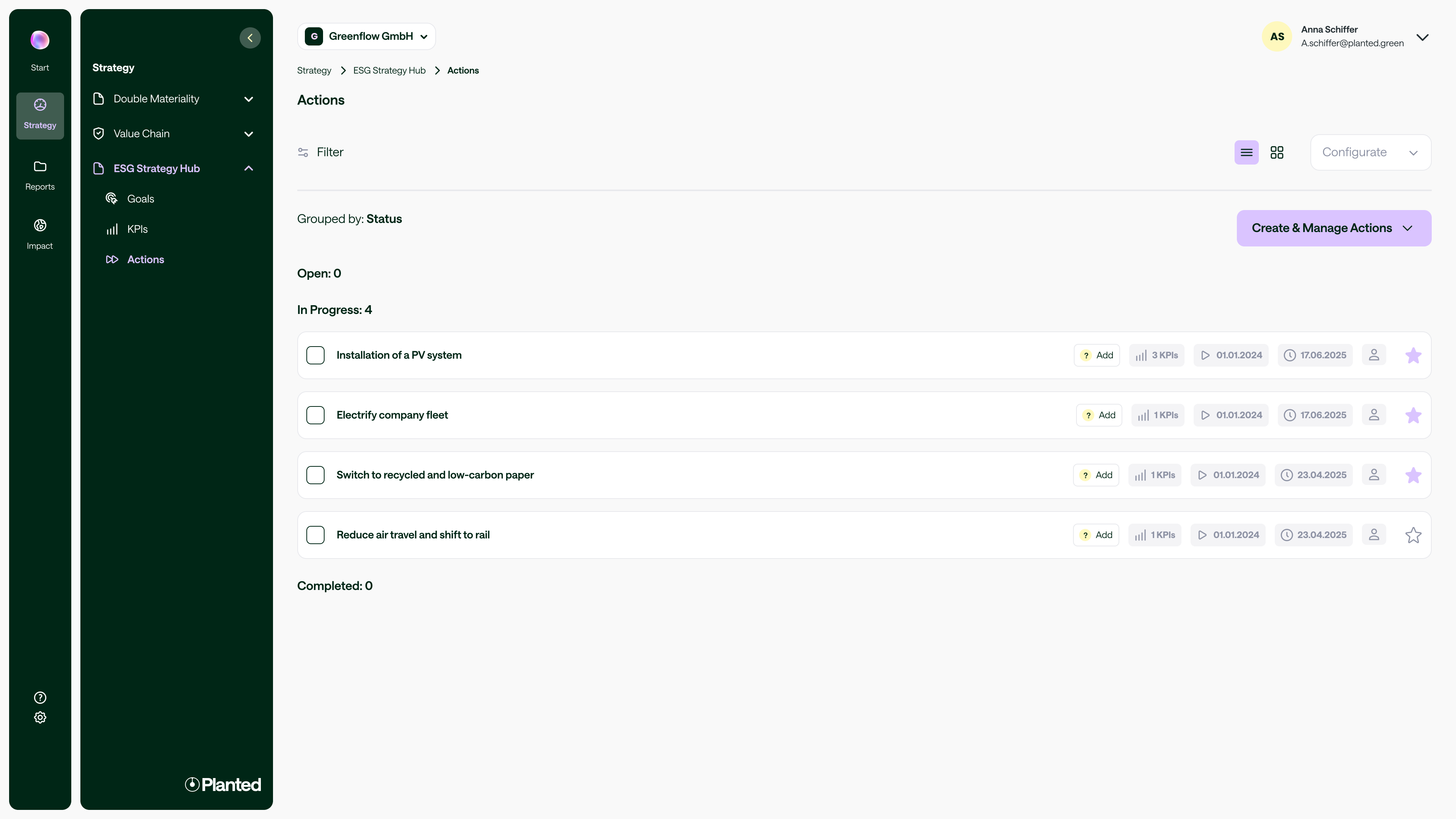 ESG Strategy Hub Actions overview page