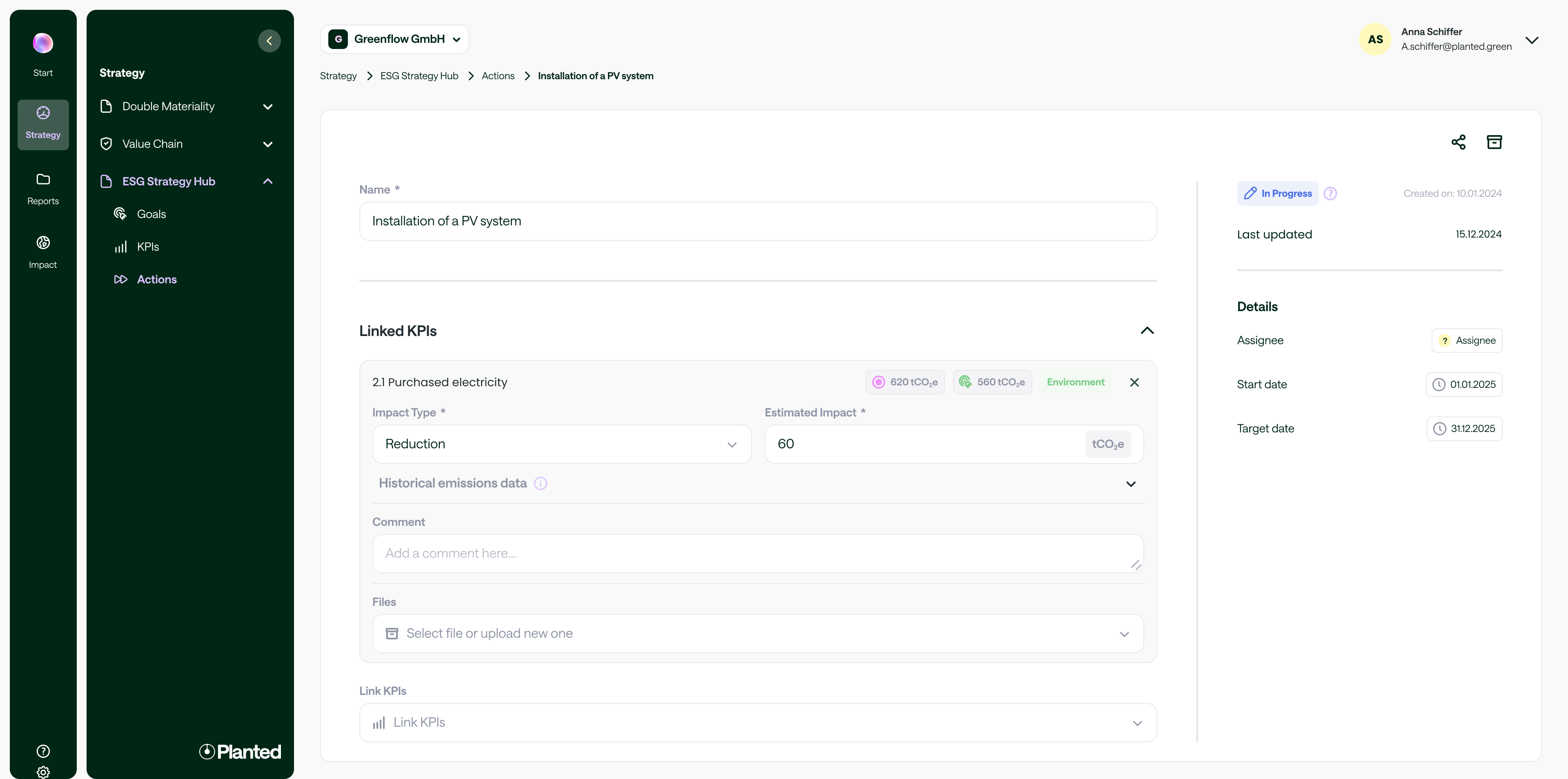 Action detail with linked KPIs and estimated reduction impact